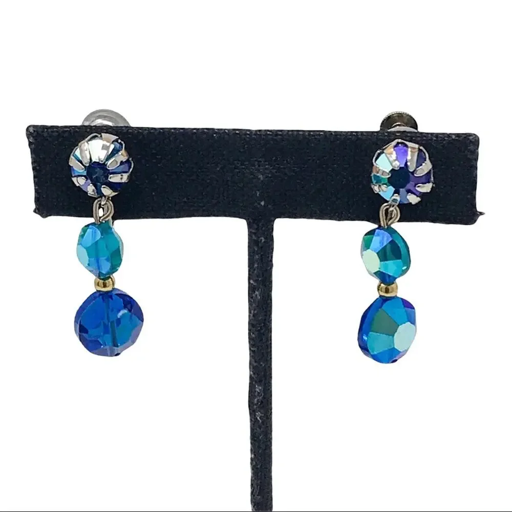 Vintage Earrings Blue Aurora Borealis Crystals Screw Back Dangle Earrings - Picture 1 of 6